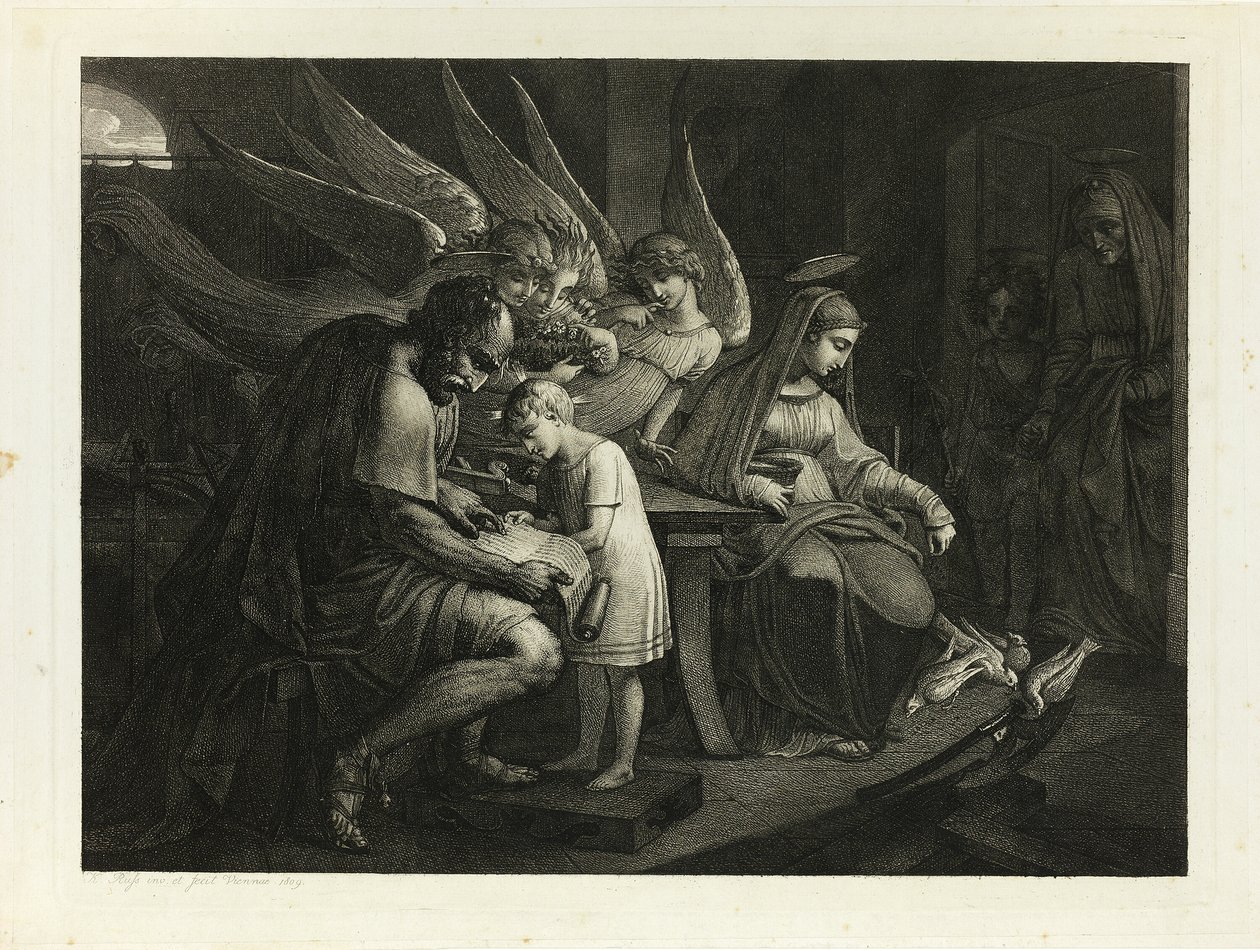 Otthon szorgoskodó Szent Család: József olvasni tanítja a fiú Jézust. Mary eteti a galambokat. Elizabeth bemegy a szobába Johnnal alkotó: Carl Russ