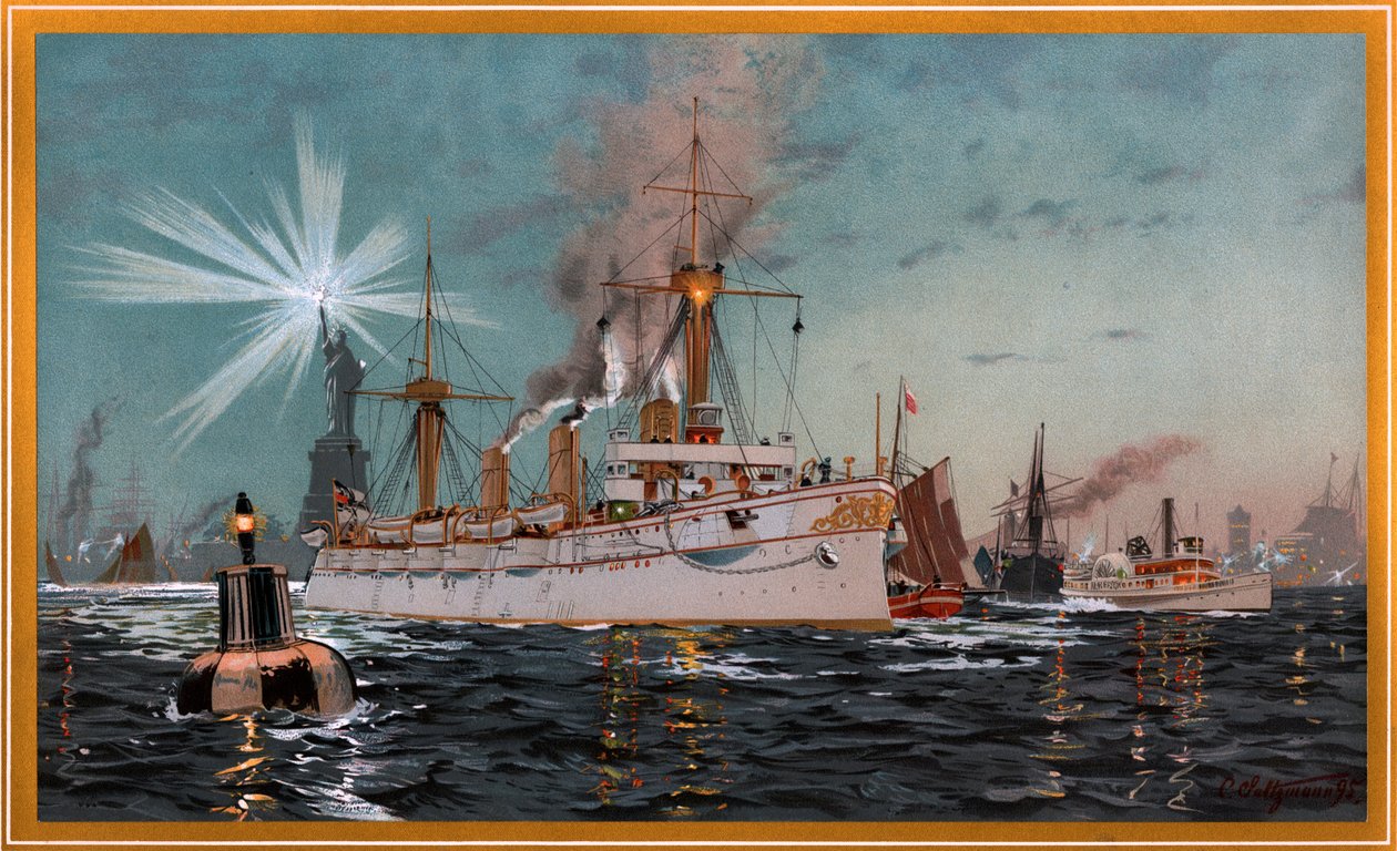 Auguszta császárnő elhagyja New Yorkot, C. Saltzmann 95-ös kromolitográfiája, nr13, G. Wislicenus, Unsre Kriegsflotte című művéből. alkotó: Carl Saltzmann