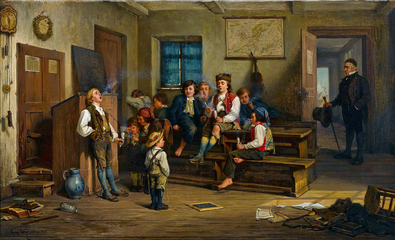 A tiltott gyümölcs (tanteremben, iskolások pipázik) - A tiltott gyümölcs - Carl Bernhard Schloesser (1832-1914 után). olajfestmény alkotó: Carl Schlosser