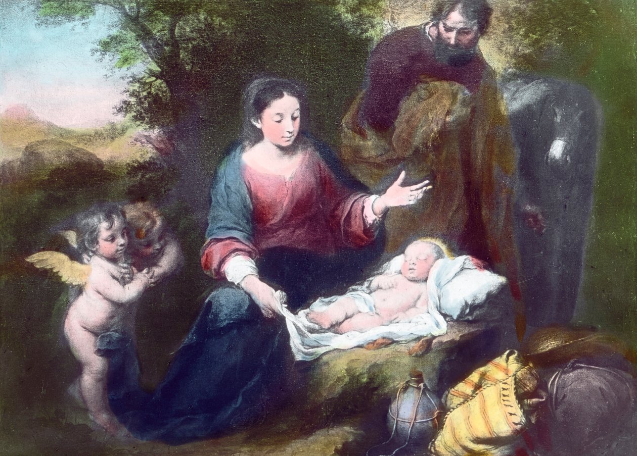 Az alvó Krisztus gyermek angyalokkal, Máriával és Józseffel. Bartolome Esteban Murillo (1617 - 1682) spanyol barokk festő (keltezés nélküli) festménye. A kép dátuma: 1900 körül. Carl Simon Archívum alkotó: Carl Simon