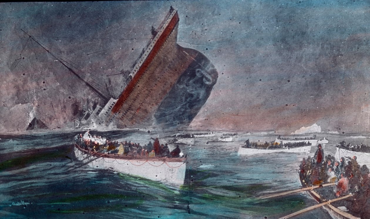 A Titanic első útja 1912 - a Titanic elsüllyedése - mentőcsónakok a Titanic katasztrófájának túlélőivel, illusztráció alkotó: Carl Simon