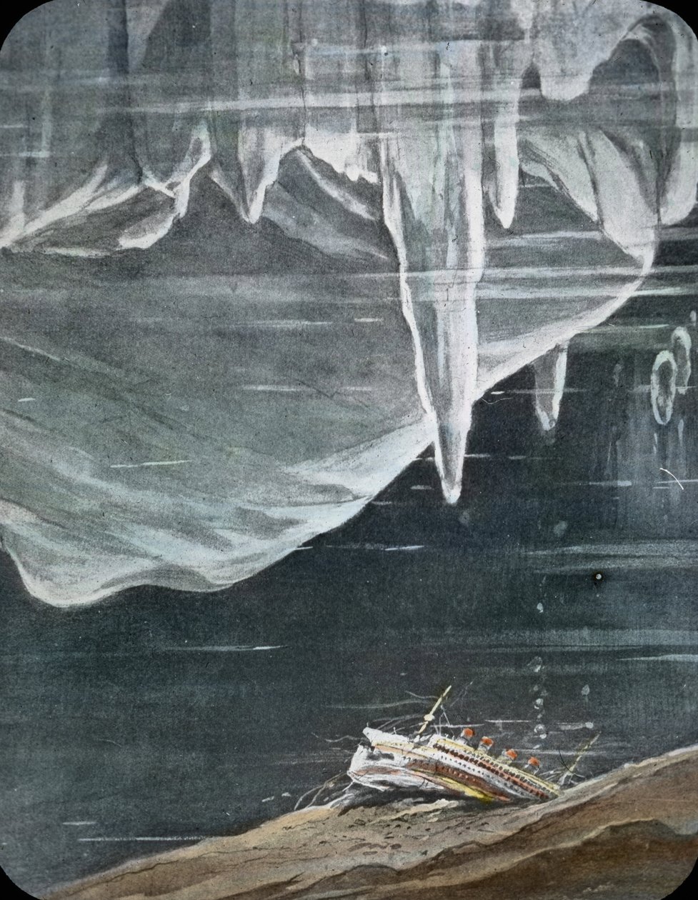 A Titanic első útja 1912, Titanic katasztrófa, illusztráció, a Titanic elsüllyedése, történelem, történelmi, illusztráció, Carl Simon, kézzel színezett üvegdia, kézzel színezett diakép alkotó: Carl Simon
