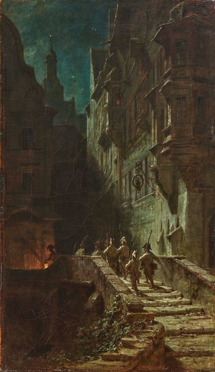 Tömegőr éjszakai forduló. alkotó: Carl Spitzweg
