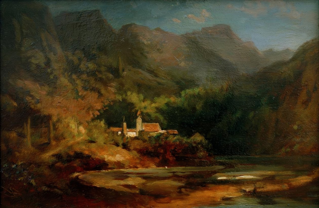 Falu egy tavon a hegy völgyében alkotó: Carl Spitzweg