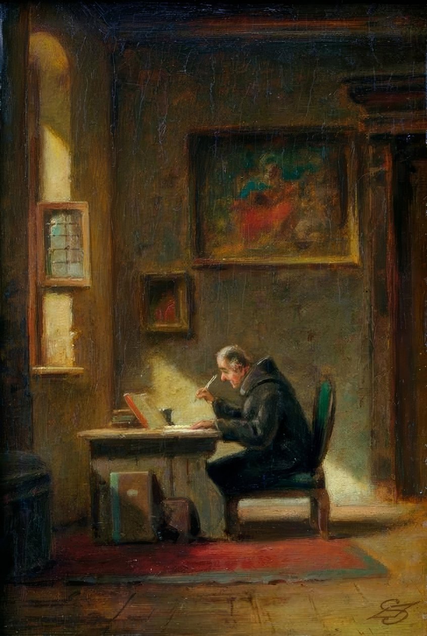 Tudós szerzetes az íróasztalnál alkotó: Carl Spitzweg