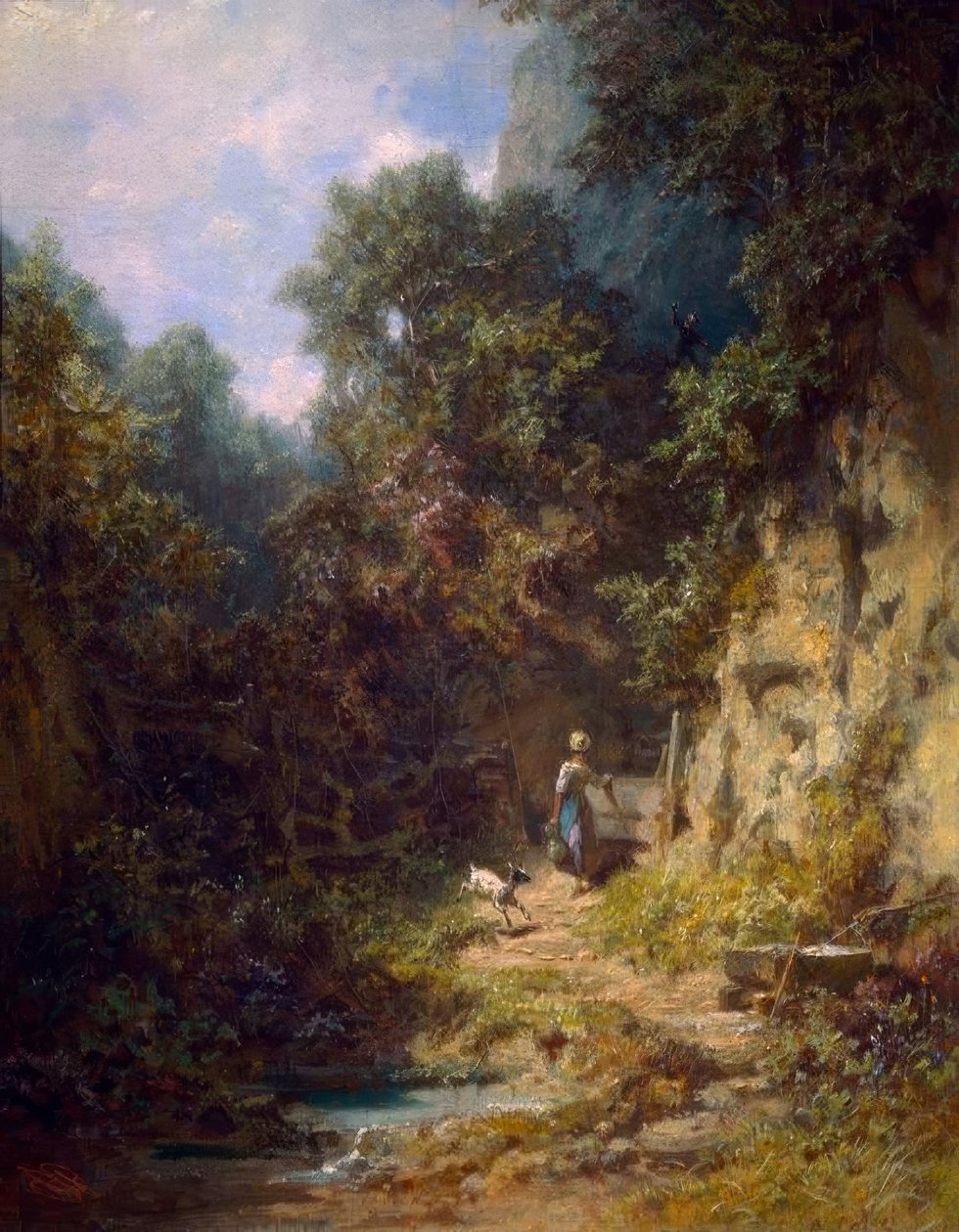 Lány kecskés, akinek integet a vadász alkotó: Carl Spitzweg