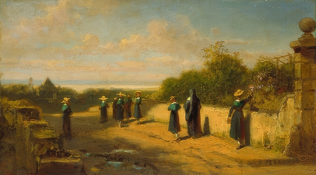 Lány bentlakásos iskola a séta. 1870 körül alkotó: Carl Spitzweg