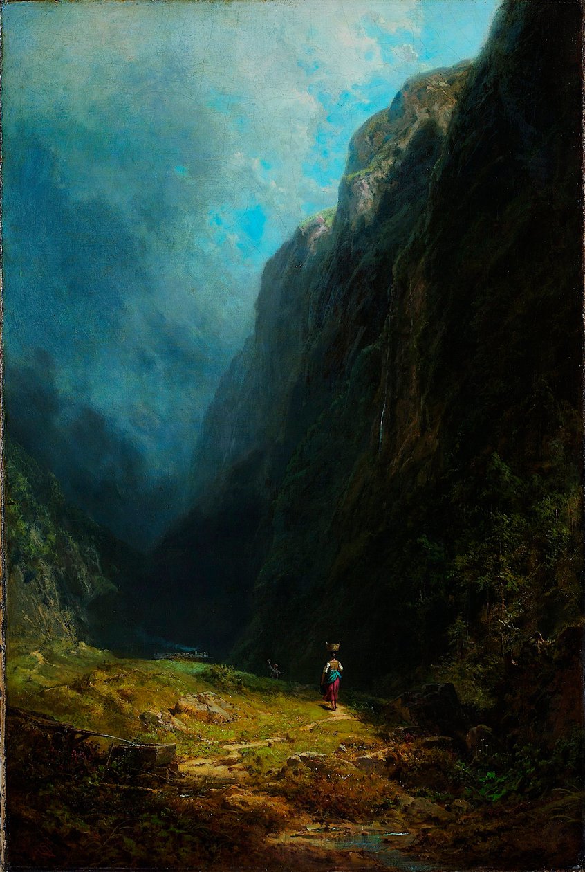 ""Paysage de haute vallee alpesi"" Vue du mont Wendelstein Allemagne (Az alpesi magasvölgyi táj a Wendelstein-hegygel) Peinture de Carl Spitzweg (1808-1885) Olaj, vászon, 1871. Méret: 88,5x59 cm Museum Kunstpalast, Dusseldorf alkotó: Carl Spitzweg