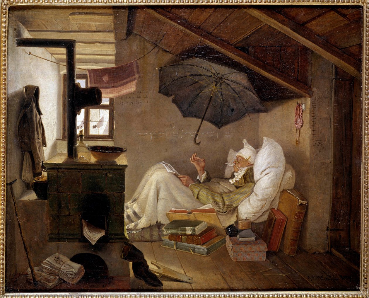 Szegény költő A padláson egy öregember fekszik. Carl Spitzweg (1808-1885) festménye 1839. Dim. 0,36 X 0,44 m Berlin, Altes Múzeum, Németország – A szegény költő. Egy idős férfi ágyhoz kötött a padláson. Carl Spitzweg (1808-1885) festménye alkotó: Carl Spitzweg