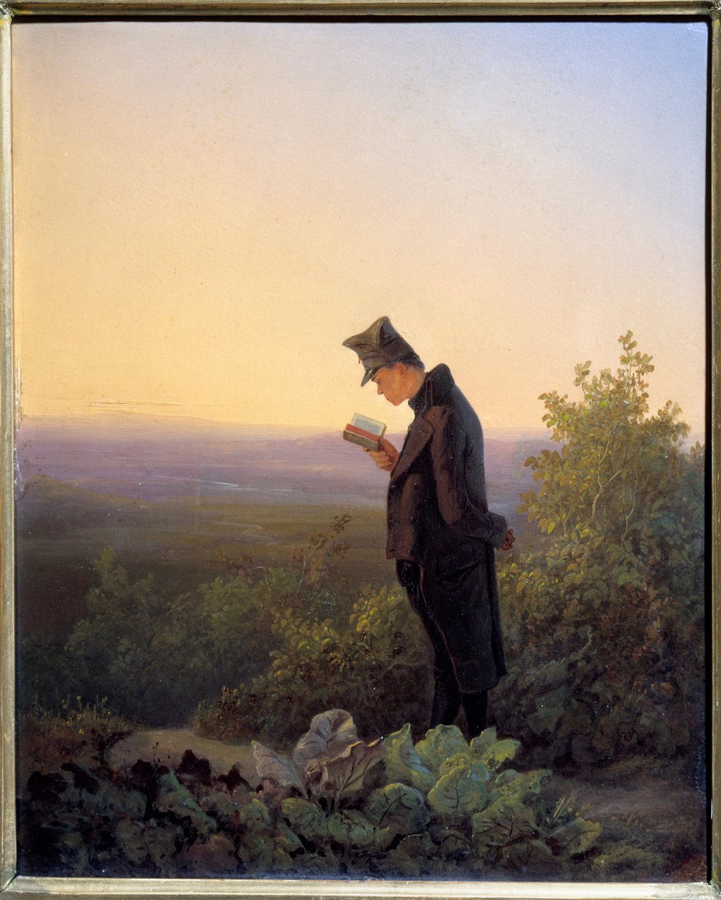A breviárium olvasása este Egy ember, aki a Bibliát olvassa egy romantikus tájon. Karl Spitzweg (1808-1885) festménye n 1845 V. 0,29x0,23 m alkotó: Carl Spitzweg