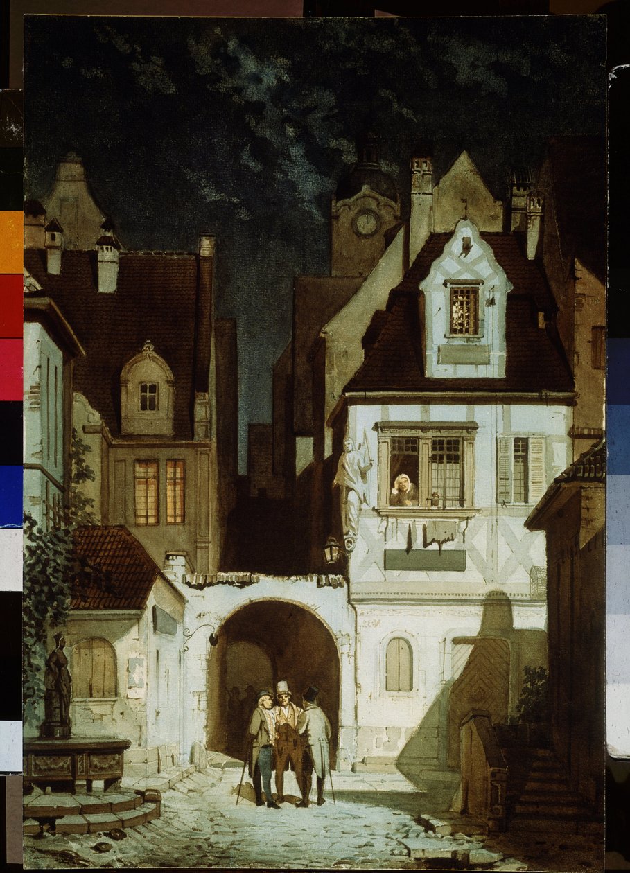 Egy német város sarka holdfényben. Carl Spitzweg (1808-1885) festménye. Akvarell, papír, 68,5 x 46,5 cm. századi német művészet. Puskin Szépművészeti Múzeum, Moszkva. alkotó: Carl Spitzweg