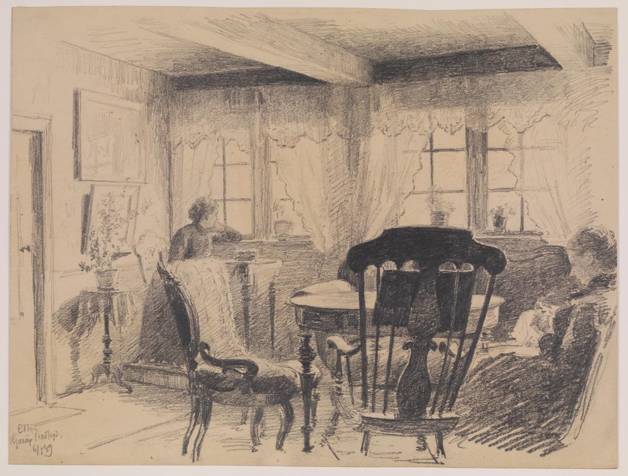 Hjarup plébánia. Nappali két varrónővel alkotó: Carl Thomsen