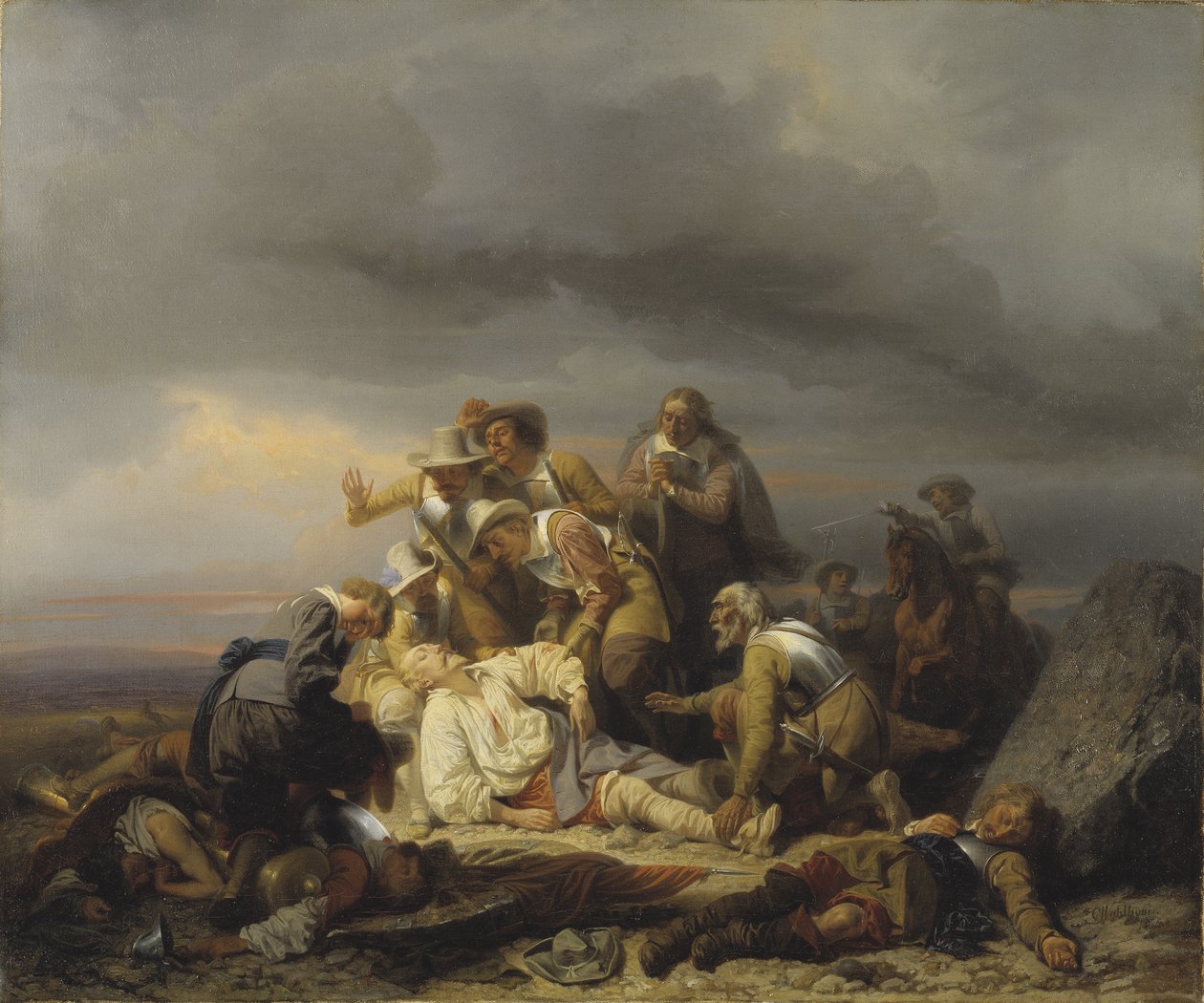 Az 1632. november 6-i lutzeni csatában elesett II. Gusztáv Adolf svéd király (1594-1632) holttestének megtalálása – az északi nagy vagy az oroszlán oroszlánja – II. Gusztáv Adolf svéd király holttestének megtalálása után a luetzei csata, Wahlbom, Carl (181 alkotó: Carl Wahlbom