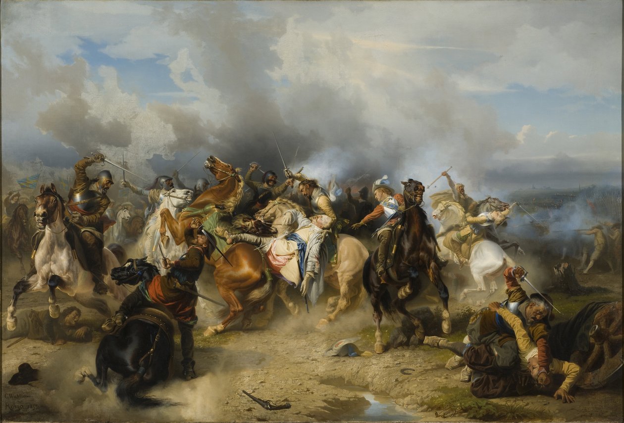 La mort du roi Gustave II Adolphe de Suede (1594-1632) dit le Grand ou le Lion du Nord, a la bataille de Lutzen, le 1632. november 6. – II. Gusztáv Adolf svéd király halála a luetzeni csatában november 6-án 1632, Wahlbom, Carl (1810-1858). Olaj be alkotó: Carl Wahlbom