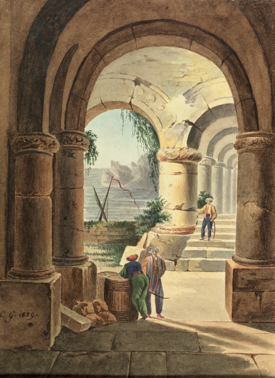 Kilátás a tengerre a kolostoron keresztül, 1829 (wc kartonon) alkotó: Carl Wilhelm Goetzloff