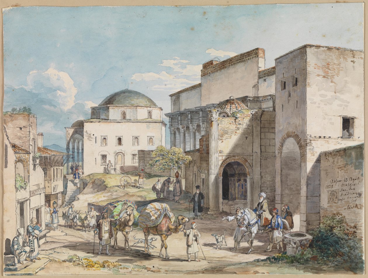 Utcai parti Athénban. Hadji Hazekis palotával és Tzistarakis mecsettel alkotó: Carl Wilhelm Heideck