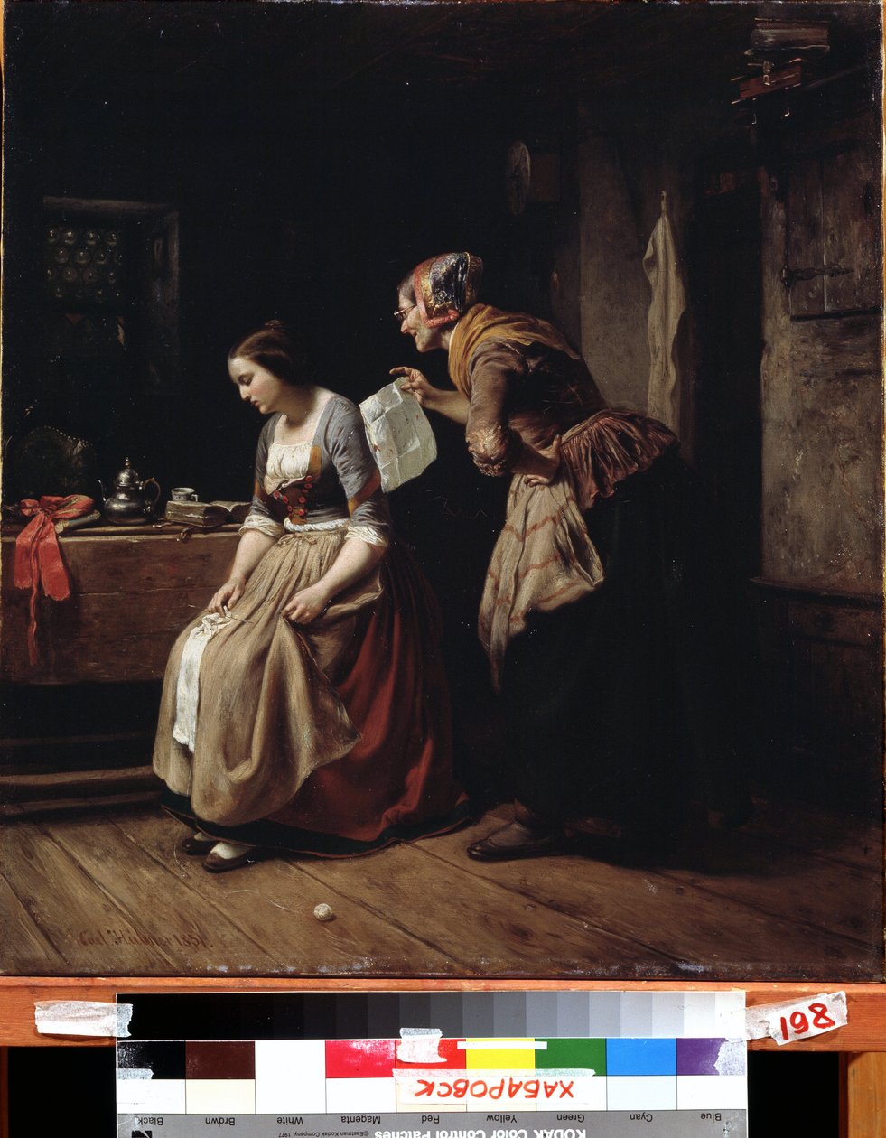 ""A levél"" (Egy levél) Egy szolga levelet hoz egy kétségbeesett fiatal lánynak. Carl Wilhelm Hubner (1814-1879) festménye, 19. századi távol-keleti művészeti múzeum, Habarovszk, Oroszország alkotó: Carl Wilhelm Hübner