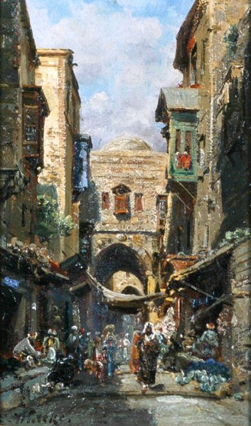 Dávid utcája Jeruzsálemben, 1890 körül (olaj a fedélzeten) alkotó: Carl Wuttke