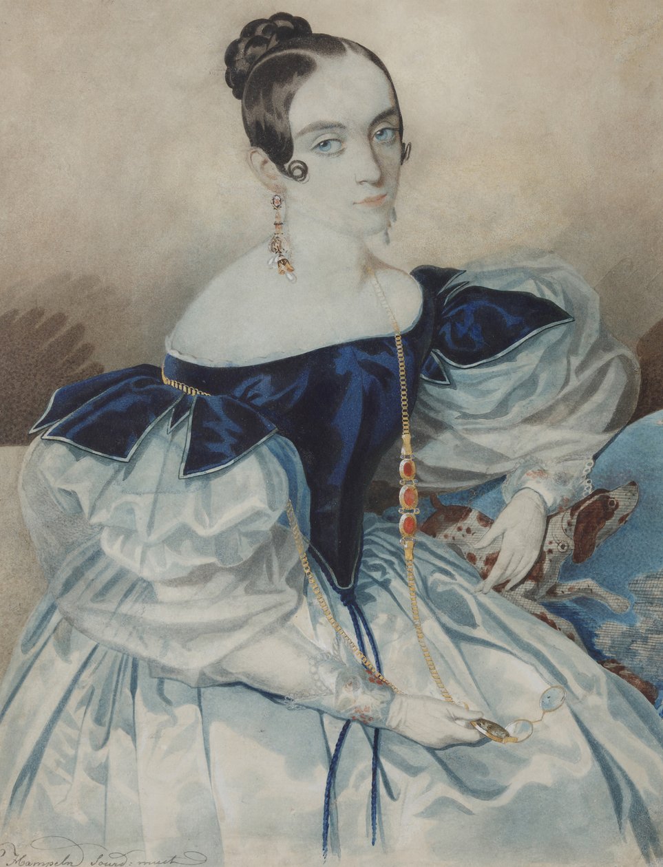 Lorgnette-es hölgy portréja, 1830-as évek. alkotó: Carl von Hampeln