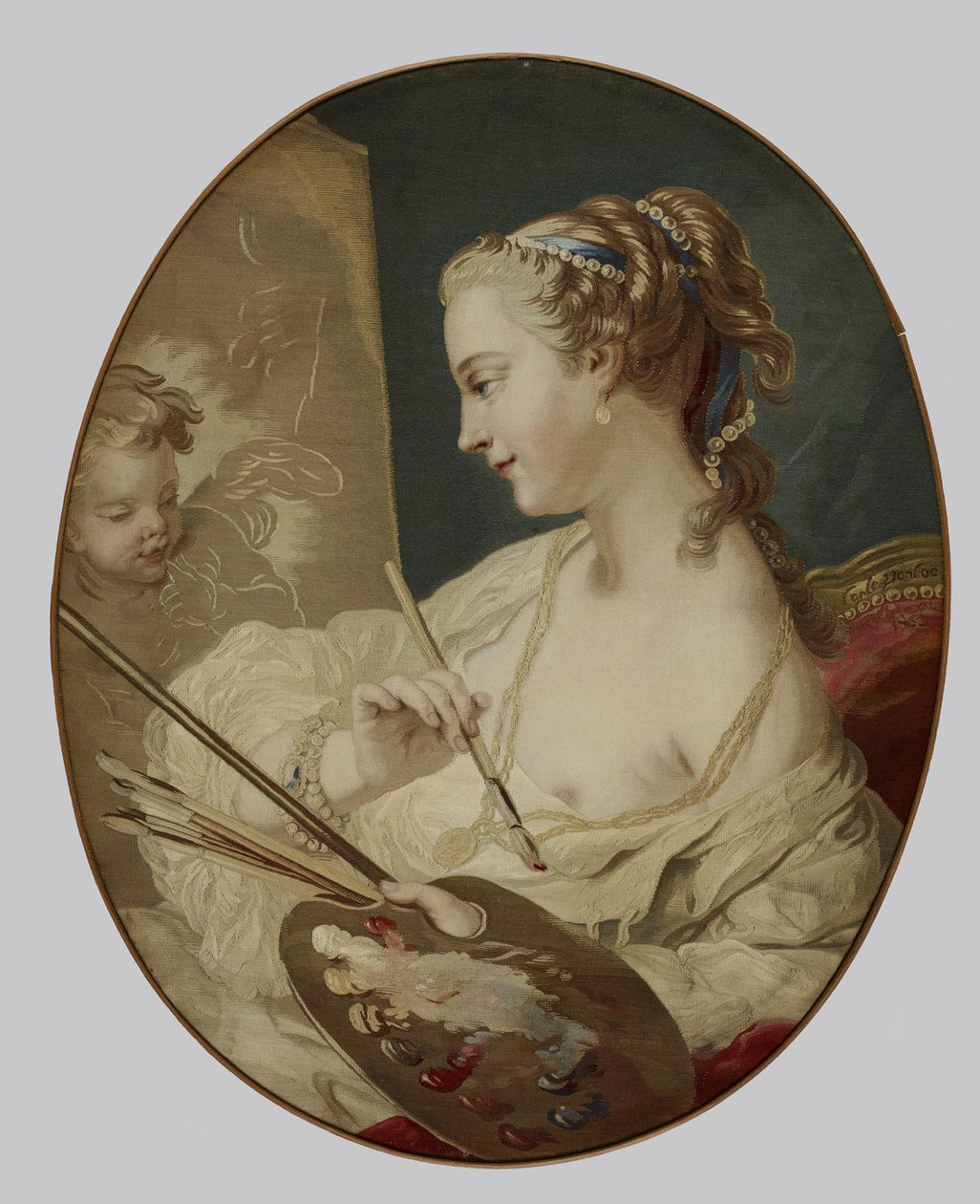 Egy nő allegorikus alakja festményt ábrázolva, 1763 (selyem pamutfólián) alkotó: Carle van after Loo