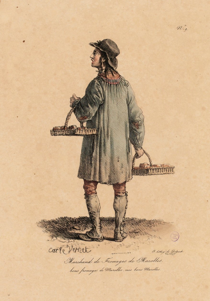 A marolles-i sajtkereskedő a „Les cris de Paris”-ból 1823-25 körül (litho) alkotó: Carle Vernet