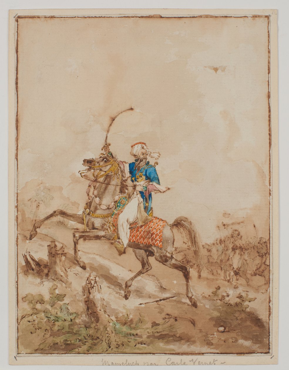 Egy arab egy lovon (akvarell, ecset, barna mosás, toll és barna tinta) alkotó: Carle Vernet