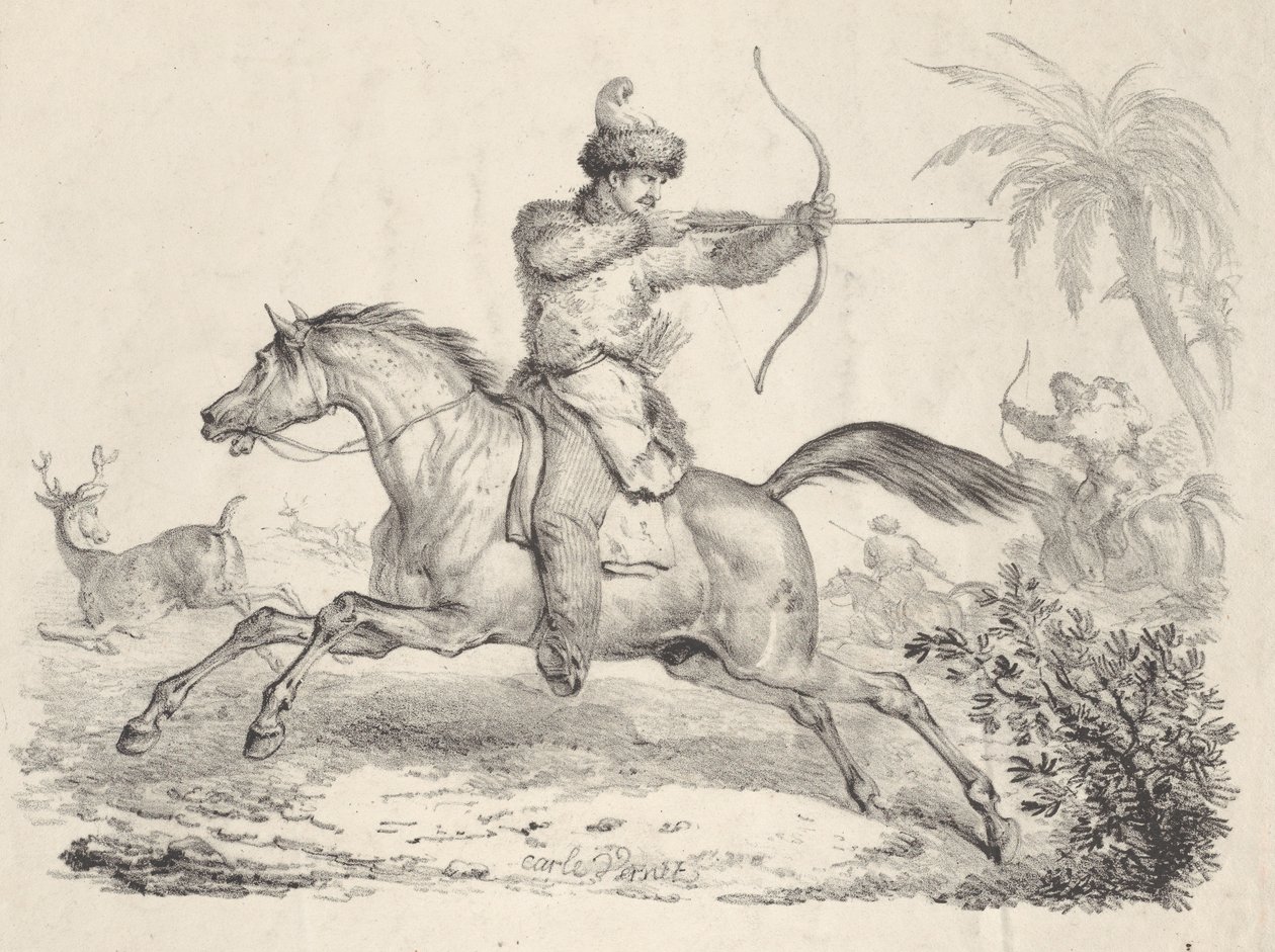 Kozákok lóháton vadászó szarvasok, 1821-36. alkotó: Carle Vernet