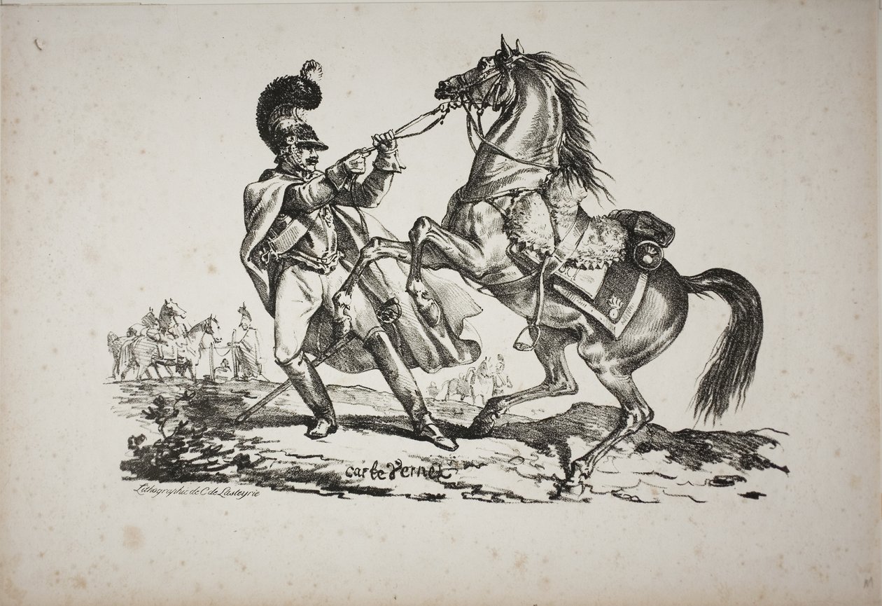 Cuirassier lábon tartja vissza a nevelő lovát alkotó: Carle Vernet
