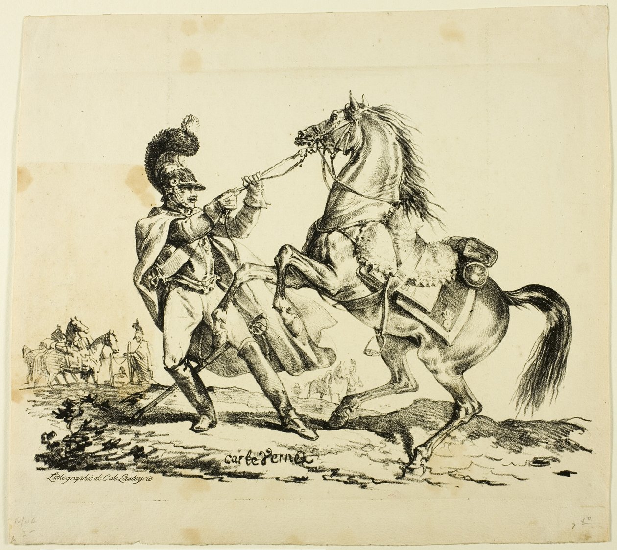 Cuirassier lábon megfékezi a nevelő lovát alkotó: Carle Vernet