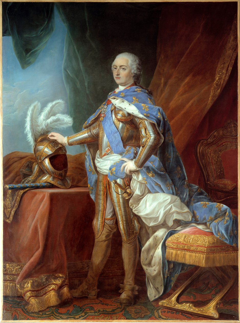 XV. Lajos (1710-1774) lábán álló portré, páncélban, sisakra helyezett kéz. Carle Van Loo (1705-1765) festménye, olaj, vászon (271 x 193 cm) alkotó: Carle van Loo