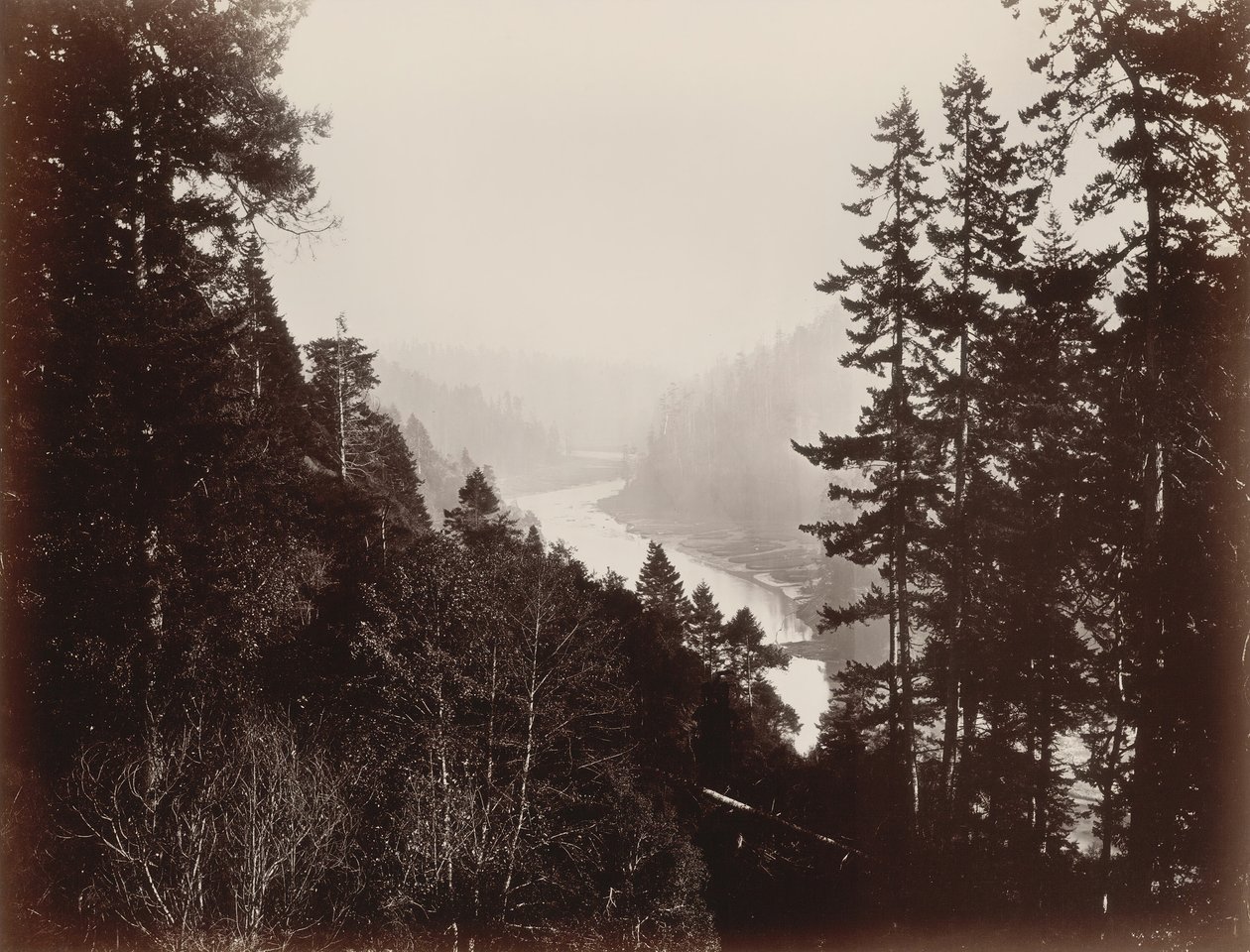 Big River, a Rancherie-ből, Mendocino, Kalifornia, 1863. alkotó: Carleton Emmons Watkins