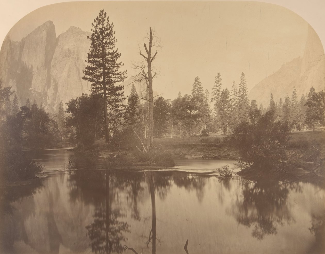 River View Down Valley, Cathedral Rock bal oldalon, 1861. alkotó: Carleton Emmons Watkins