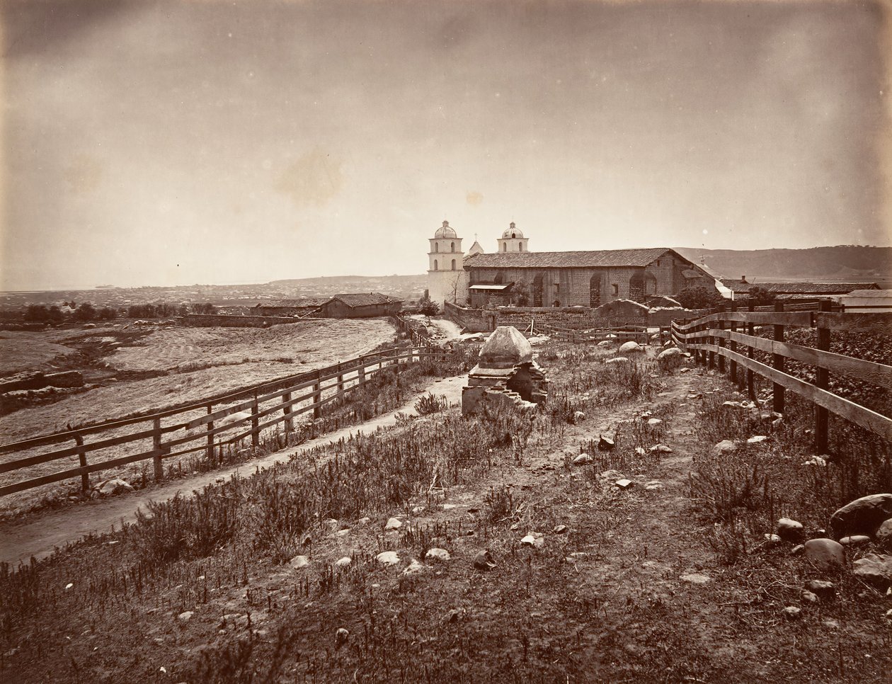 Santa Barbara és Mission Church, 1876, nyomtatott kb. 1876. alkotó: Carleton Emmons Watkins