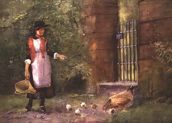 Lány etető tyúkok alkotó: Carleton Grant