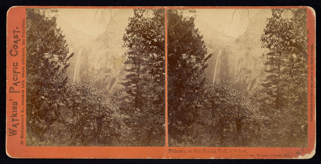 Pohono, vagy a Bridal Veil, 900 láb, Mariposa megye, Cal alkotó: Carleton Watkins