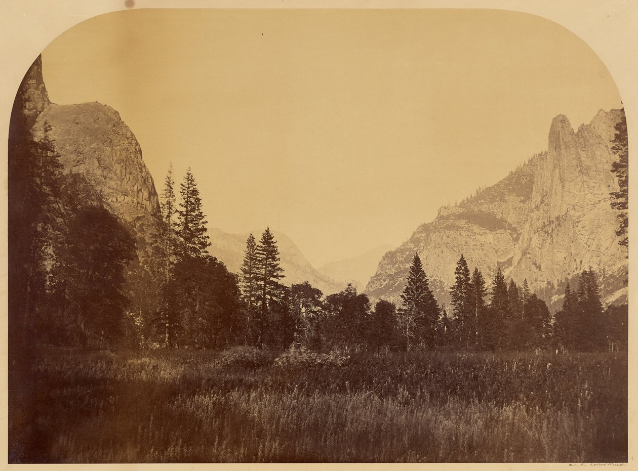 Yosemite, kilátás a völgyfenékre, jobbra a Sentinel Rockkal alkotó: Carleton Watkins