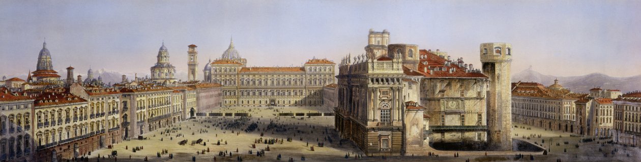 Piazza Castello, Torinó, metszett F. Citterio alkotó: Carlo Bossoli