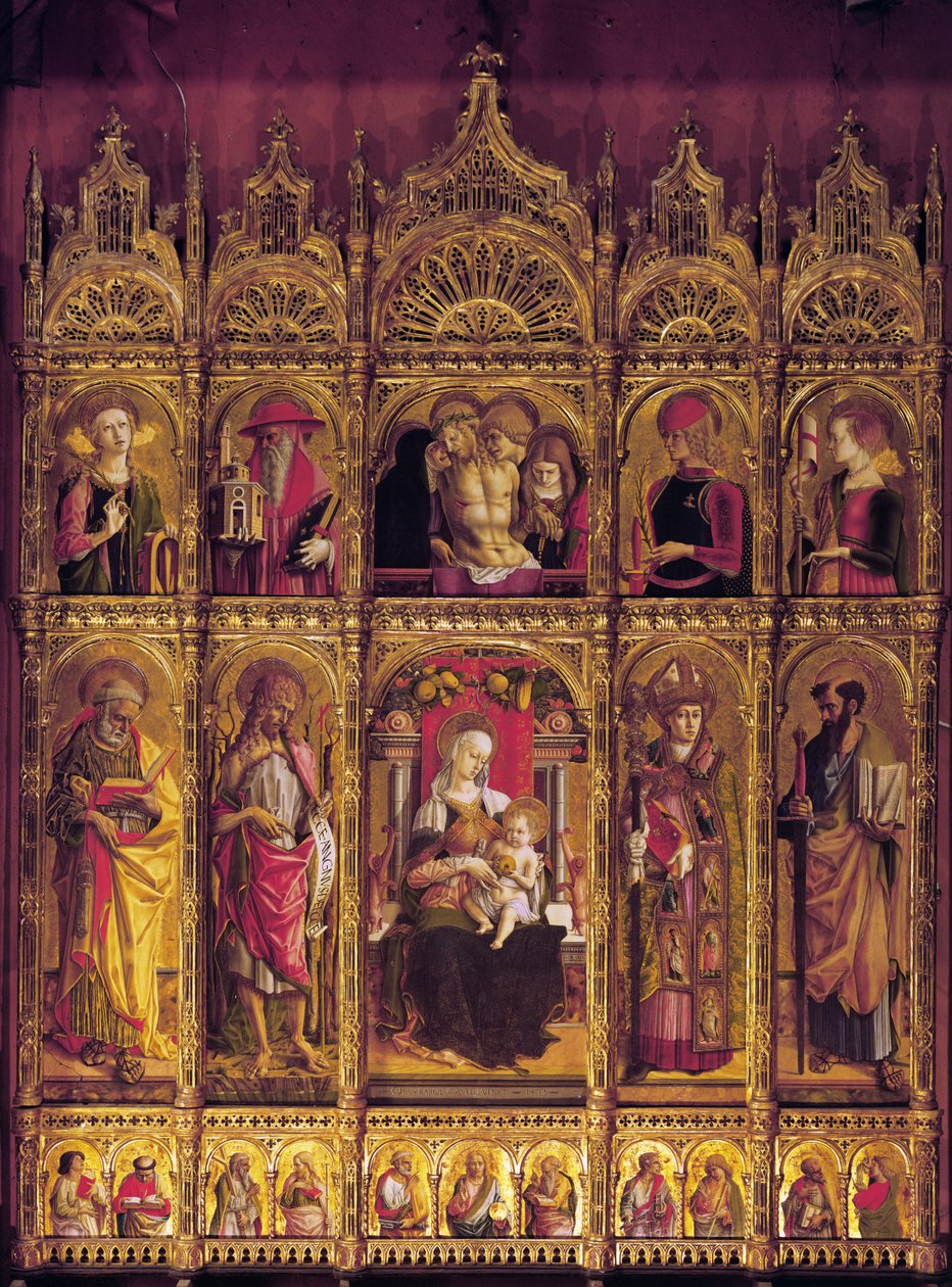 Szent Emidio oltárképe, poliptichon: A Pieta és a Szűz gyermekével a szentek között, c. 1430-95 (tempera fán) alkotó: Carlo Crivelli