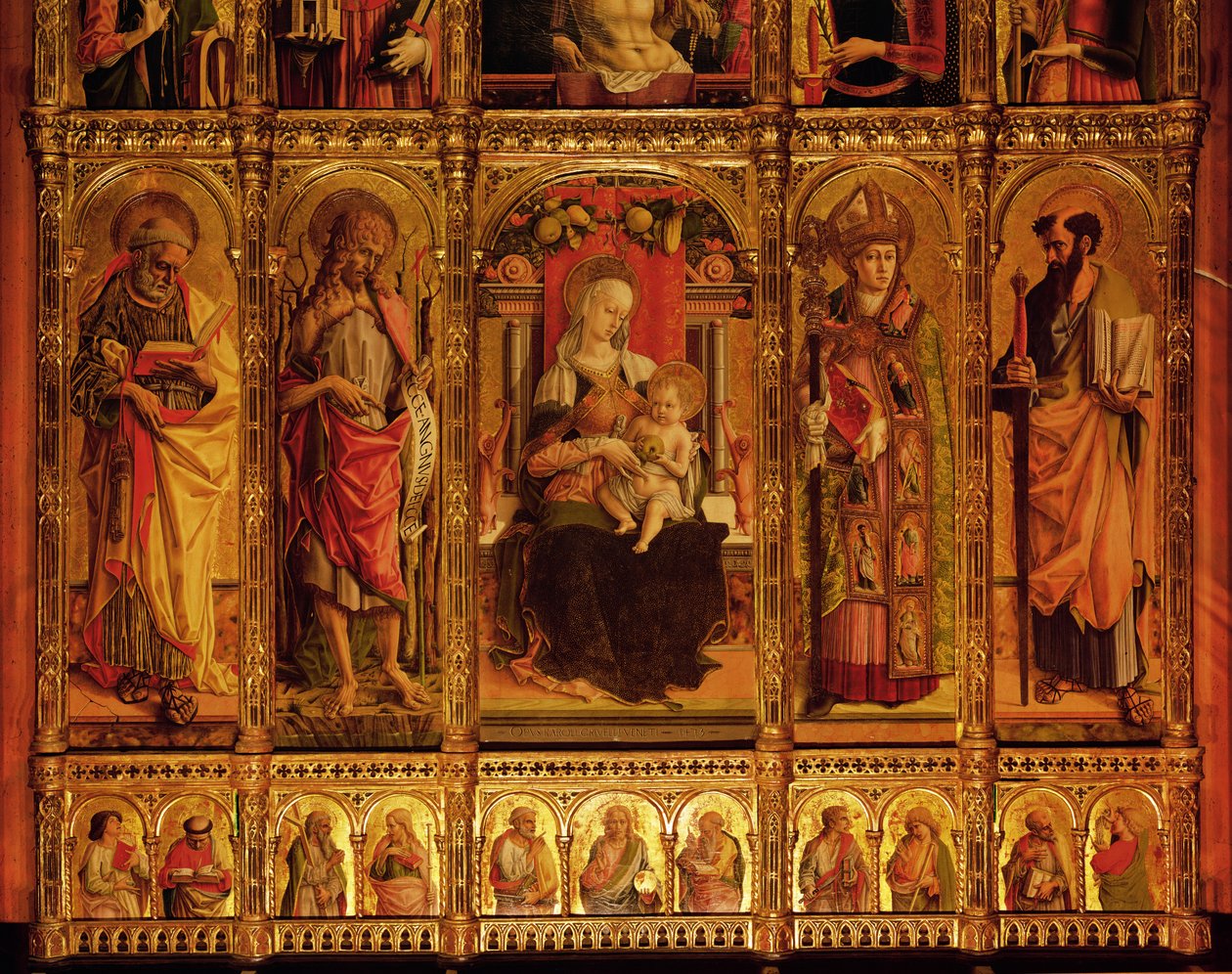Szent Emidio oltárképe, poliptichon, a Szűzanya és a Szentek Szent Pál, Keresztelő Szent János, Szent Etienne és Szent Pál részlete, balról jobbra, 1473-as tempera fán alkotó: Carlo Crivelli