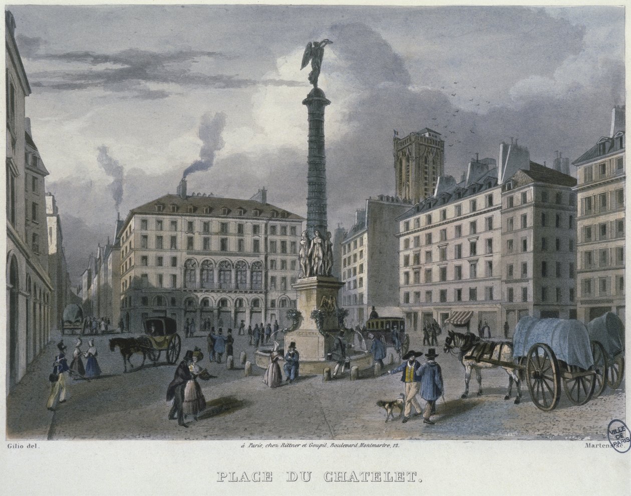 A Place du Chatelet, Párizs, Frederic Martens (1809-75) metszet 1832 (színes metszet) alkotó: Carlo Gilio