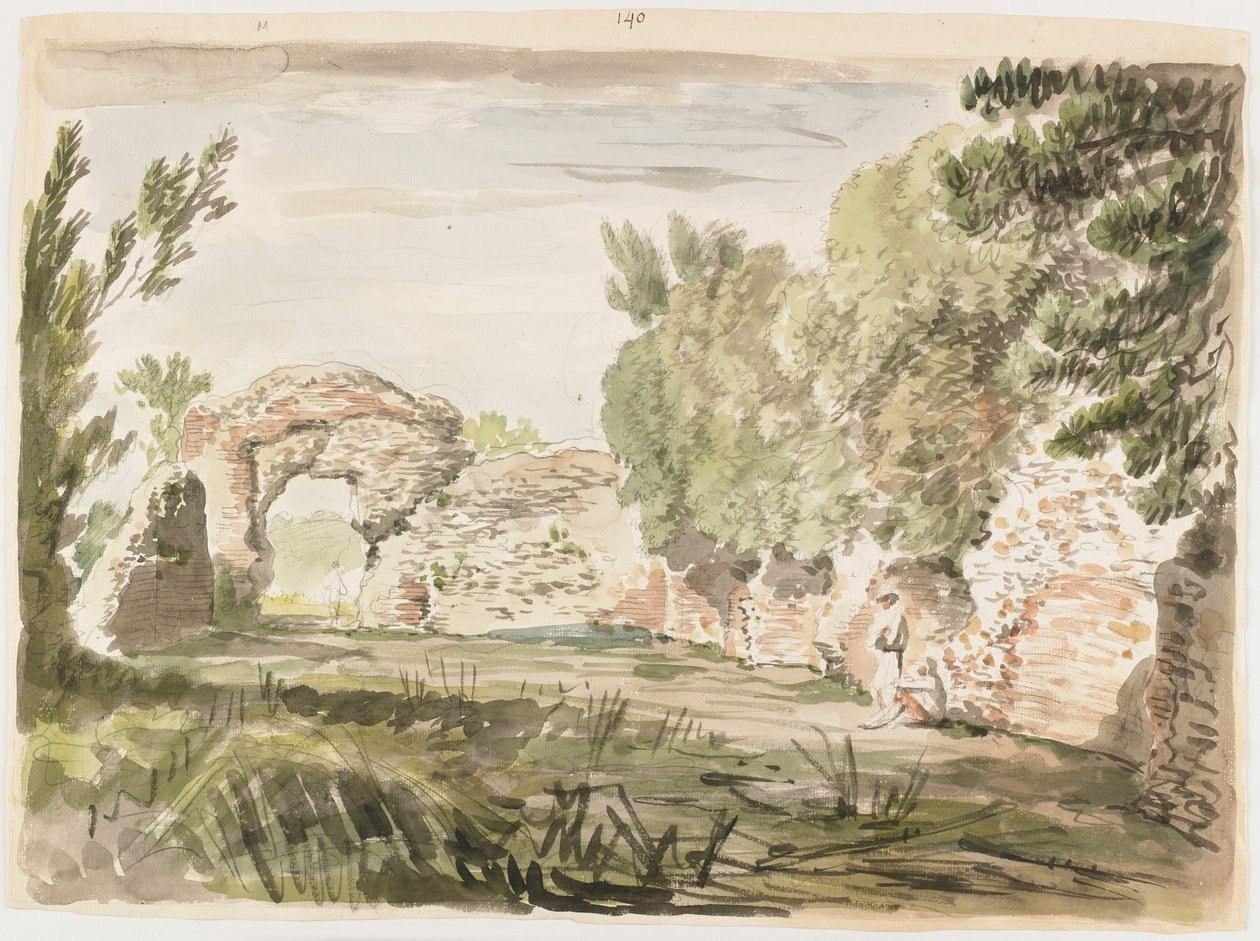 Táj fákkal, romokkal és három figurával (wc és grafit papíron) alkotó: Carlo Labruzzi