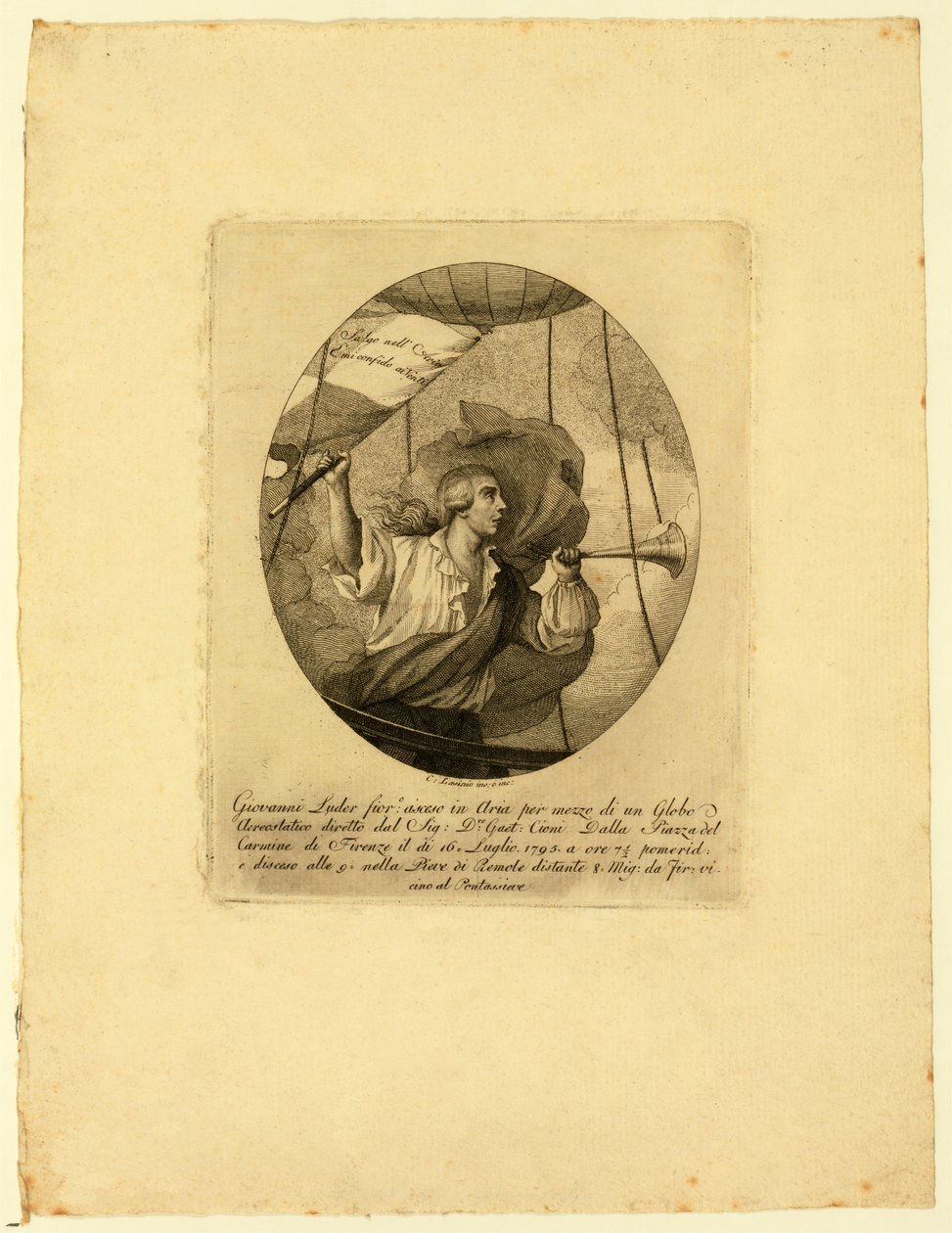 Giovanni Battista Luder, ballonkosárban állt Firenze feletti emelkedés közben, 1795-1850 alkotó: Carlo Lasinio