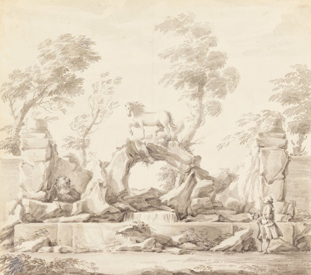 Tervezzen egy szökőkutat Pegasusszal, a Villa Albani -hoz, Róma alkotó: Carlo Marchionni