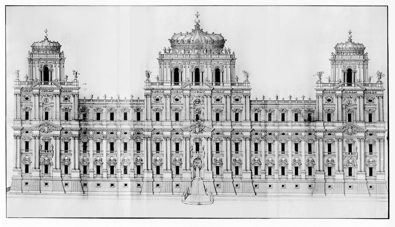 A Louvre keleti homlokzatának terve, a "Recueil du Louvre" I. kötetének 10. kötetéből, 1664 (toll és tus, tus és tusfesték, papírra). alkotó: Carlo Rainaldi