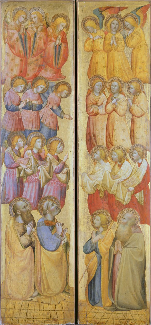Bal oldali panel: Szent Péter és Szent Pál angyalokkal; Jobb oldali panel: Szent Jakab és Szent András angyalokkal, 1400 körül (tempera arannyal a panelen) alkotó: Carlo da Camerino