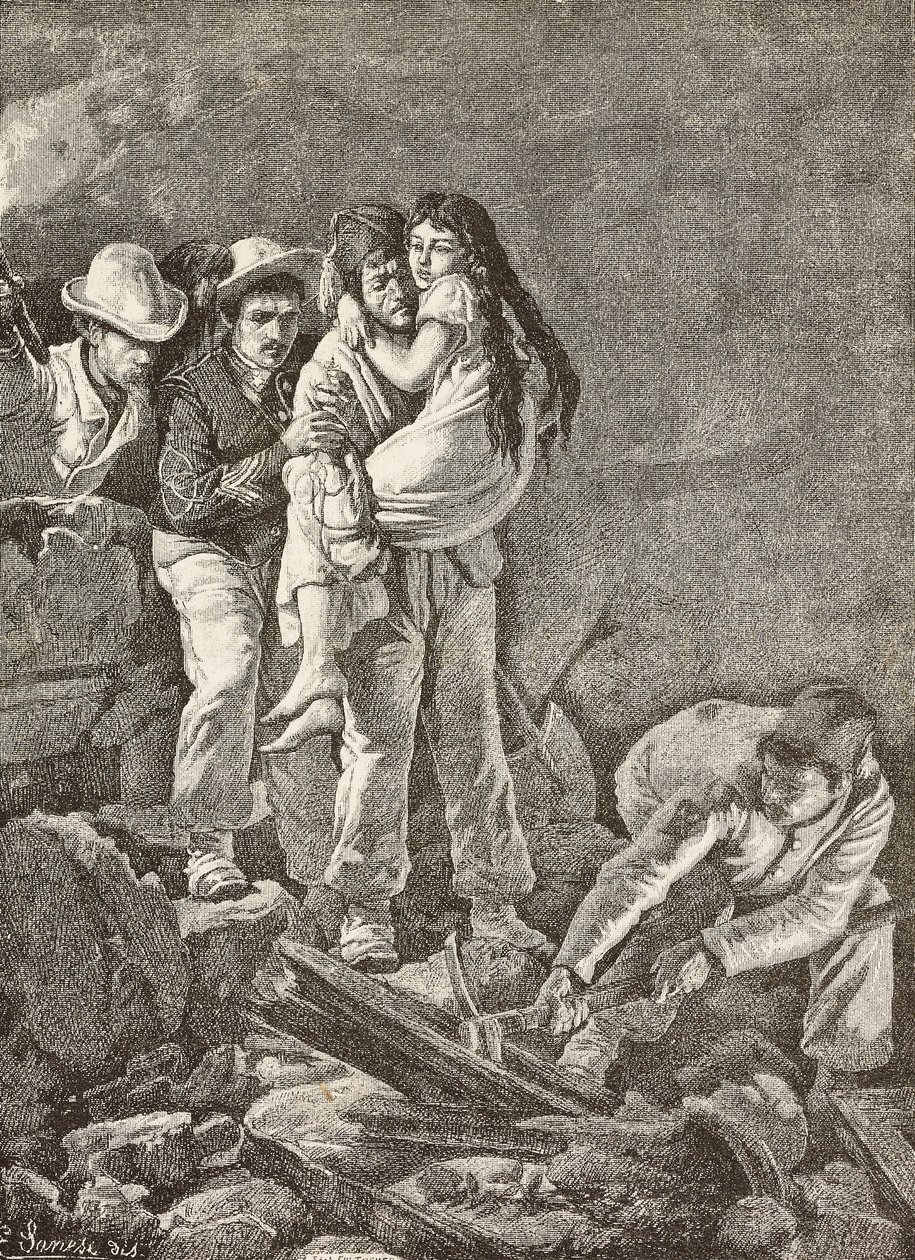 Egy lányt megmentettek otthona összeomlása után, az olaszországi Casamicciola földrengés, metszet E Sanesi rajzáról és Carlo Ademollo (1824-1911) festményéről, L
