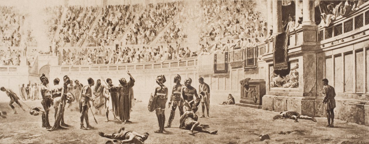 Almachius szerzetes megpróbálja megállítani a gladiátorharcot, illusztráció H. G. Wells „A történelem körvonalai” című művéből, 1920-ban megjelent II. alkotó: Carlo Ademollo