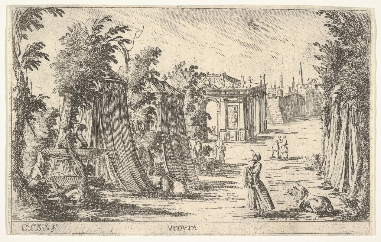 Kilátás egy turbános férfival és egy oroszlánnal jobbra, sátrak és klasszikus építészet..., 1680-1710. alkotó: Carlo Antonio Buffagnotti