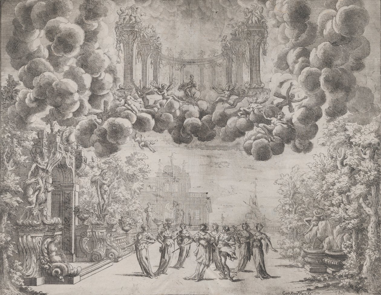 Színpadtervezés allegorikus figurákkal, a "Minden tökéletesség eszméje... Piacenz ..., kb. 1690. alkotó: Carlo Antonio Forti
