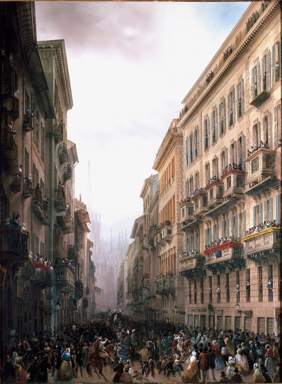 Karnevál a milánói utcában (olaj, vászon, 1847 körül) alkotó: Carlo Bossoli